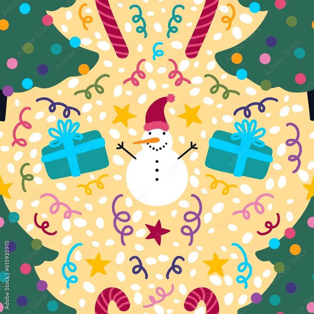 Winter cartoon seamless Christmas and snowman and gifts box and candy pattern for wrapping paper and fabrics