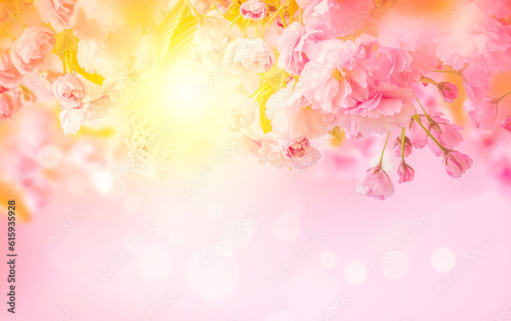 Beautiful sakura pink flower cherry blossom and sun background. Greeting card template. Shallow depth. Soft toned. Spring nature.
