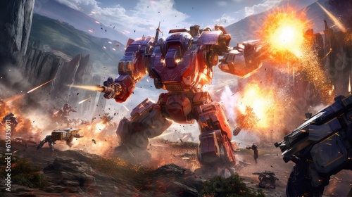 Epic clash between colossal mechs in a war - torn landscape, with explosions and laser beams lighting up the scene