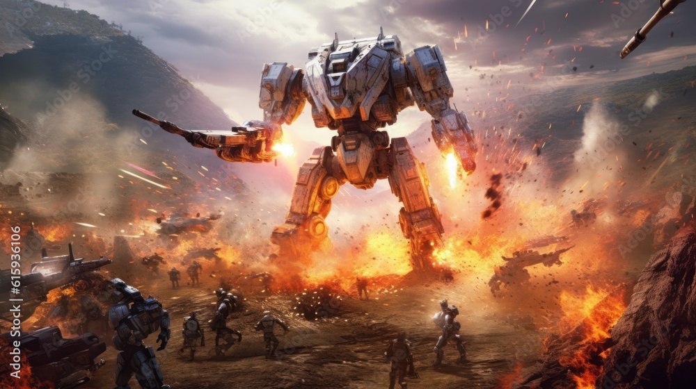 Epic clash between colossal mechs in a war - torn landscape, with explosions and laser beams lighting up the scene