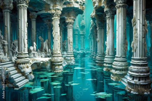 Fantasy ruins, white columns and water, coastal, aquatic, Atlantis, setting, landscape.