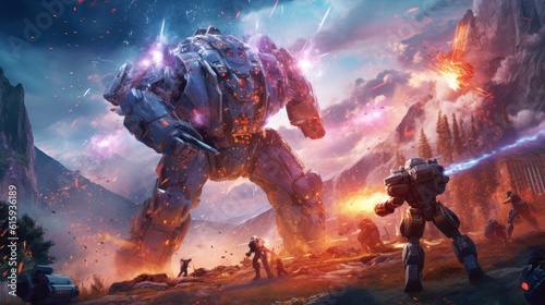 Epic clash between colossal mechs in a war - torn landscape, with explosions and laser beams lighting up the scene © Damian Sobczyk