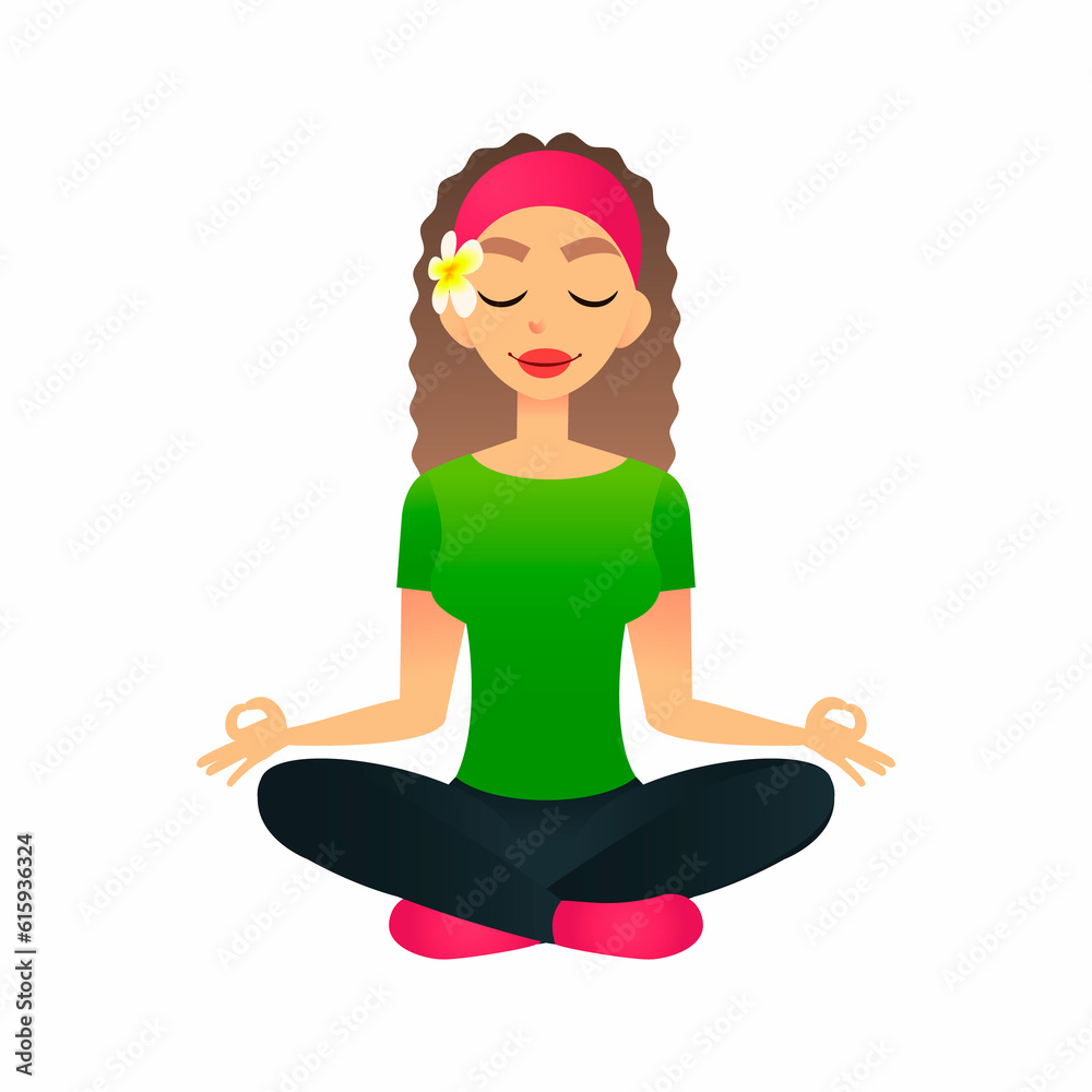 Cartoon young beautiful girl practicing yoga in a lotus pose. Flat women meditates and relaxes. Physical and spiritual therapy concept. Mind body spirit. Lady in lotus position. Cartoon young beautiful girl practicing yoga in a lotus pose. Flat women meditates and relaxes. Physical and spiritual therapy concept. Mind body spirit. Lady in lotus position.