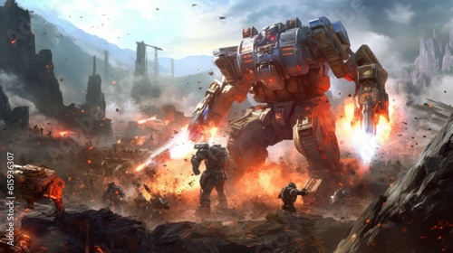Epic clash between colossal mechs in a war - torn landscape, with explosions and laser beams lighting up the scene © Damian Sobczyk