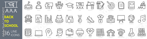 Set of 36 line icons Back to school. Education and e learning. School, university, success, academic, textbook. Vector illustration. Outline icon. Editable stroke.