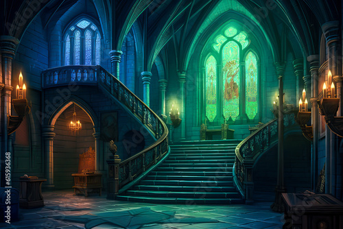 Gothic medieval castle interior, fantasy, stone stairs, arches, windows.