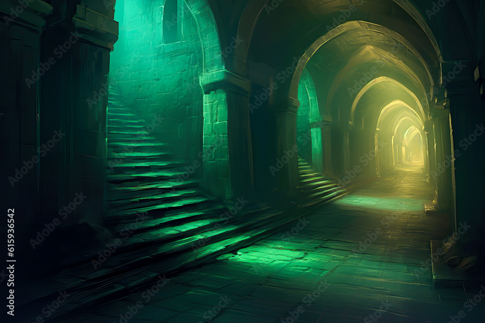 Gothic arched hallway with green and yellow glow, fantasy, dark, underground, medieval, painting.
