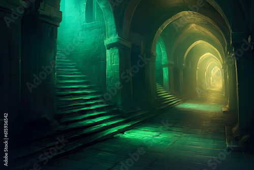 Gothic arched hallway with green and yellow glow, fantasy, dark, underground, medieval, painting. © Sunshower Shots