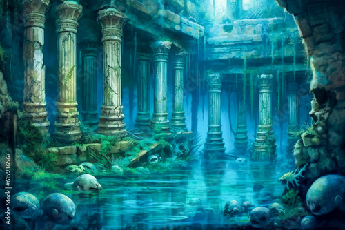 Fantasy ruins, coastal, aquatic, Atlantis, setting, landscape.