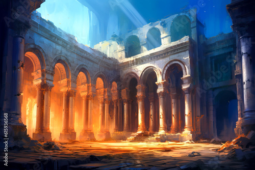Fantasy ruins, stone arches columns arcade, classical ruins, orange glow, background, concept art. © Sunshower Shots