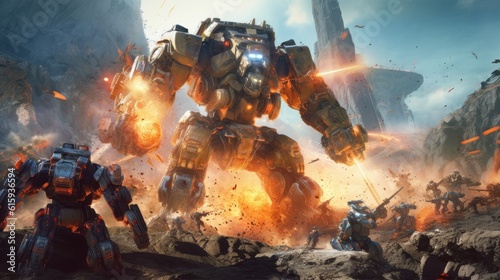Epic clash between colossal mechs in a war - torn landscape, with explosions and laser beams lighting up the scene