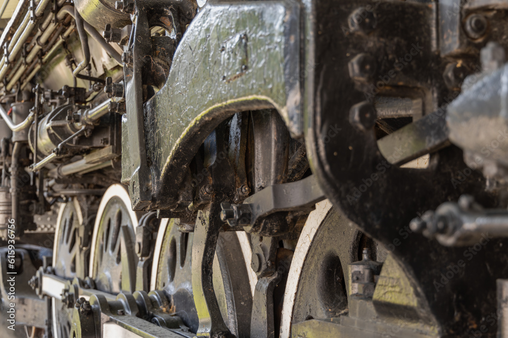 close up of drive wheels from a 1930's era steam train