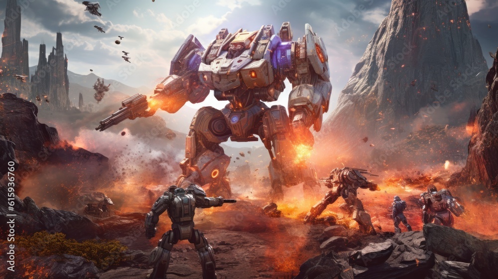 Epic clash between colossal mechs in a war - torn landscape, with ...