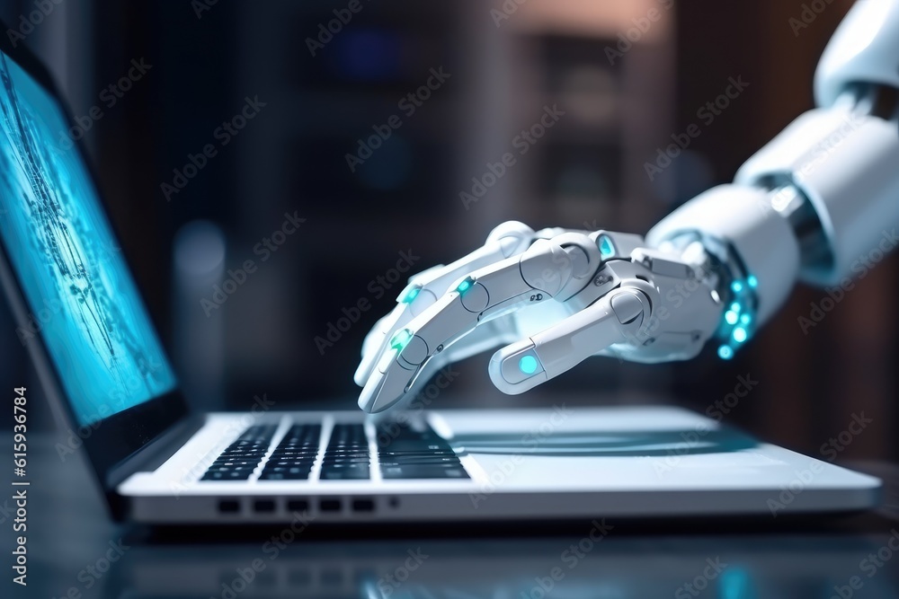 Robot hands and fingers point to laptop button. Generative AI Robot hands and fingers point to laptop button. Generative AI