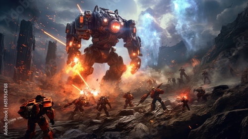 Epic clash between colossal mechs in a war - torn landscape, with explosions and laser beams lighting up the scene