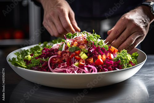 someone cutting into a salad in a white bowl on a black countertop with their hands reaching over the plate