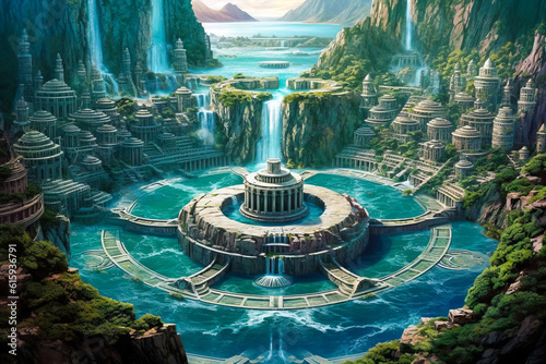 Fantasy city landscape, Atlantis, coastal water island civilization, waterfalls.
