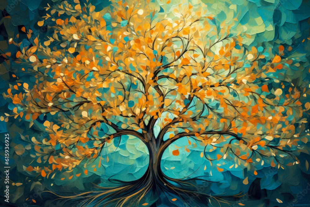 Multicolor abstract autumn tree painting . Colorful leaves forming a Tree of Life. Dark gold and aquamarine, eco, earthy color palettes, textured illustration. Ai generative. - obrazy, fototapety, plakaty 