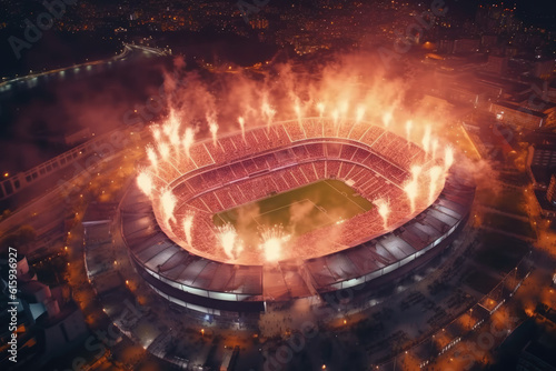 Aerial view of  stadium arena celebrating final with fireworks 