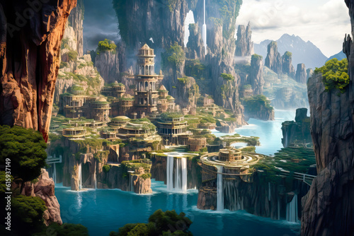 Fantasy city landscape, classical, cliffs and waterfalls, Atlantis, coastal water island civilization.