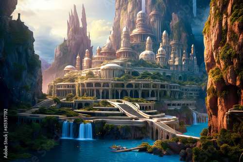 Fantasy city landscape, cliffs and waterfalls, Atlantis, coastal water island civilization. © Sunshower Shots