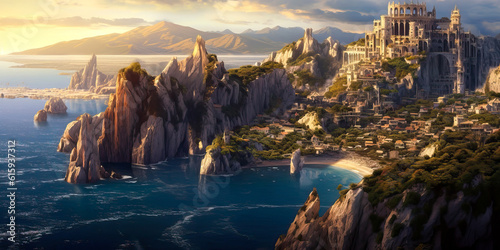 Fantasy city landscape, classical, cliffs, Atlantis, coastal water island civilization.