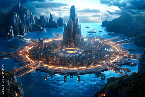 Science fiction landscape, round futuristic city on the water, night.