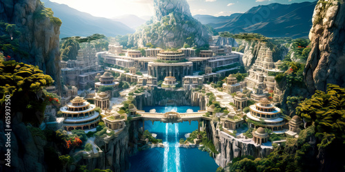 Fantasy city landscape, cliffs, Atlantis, coastal water island civilization.