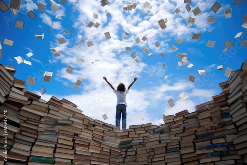 A young student reaching out towards a cloud made entirely of floating books against a bright blue sky. Generative AI