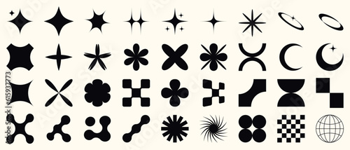 Big vector set of geometric y2k design elements.Abstract star, sparcle, flower collection.Simple basic geometric form in swiss, bauhaus and memphis style.Brutalism forms.