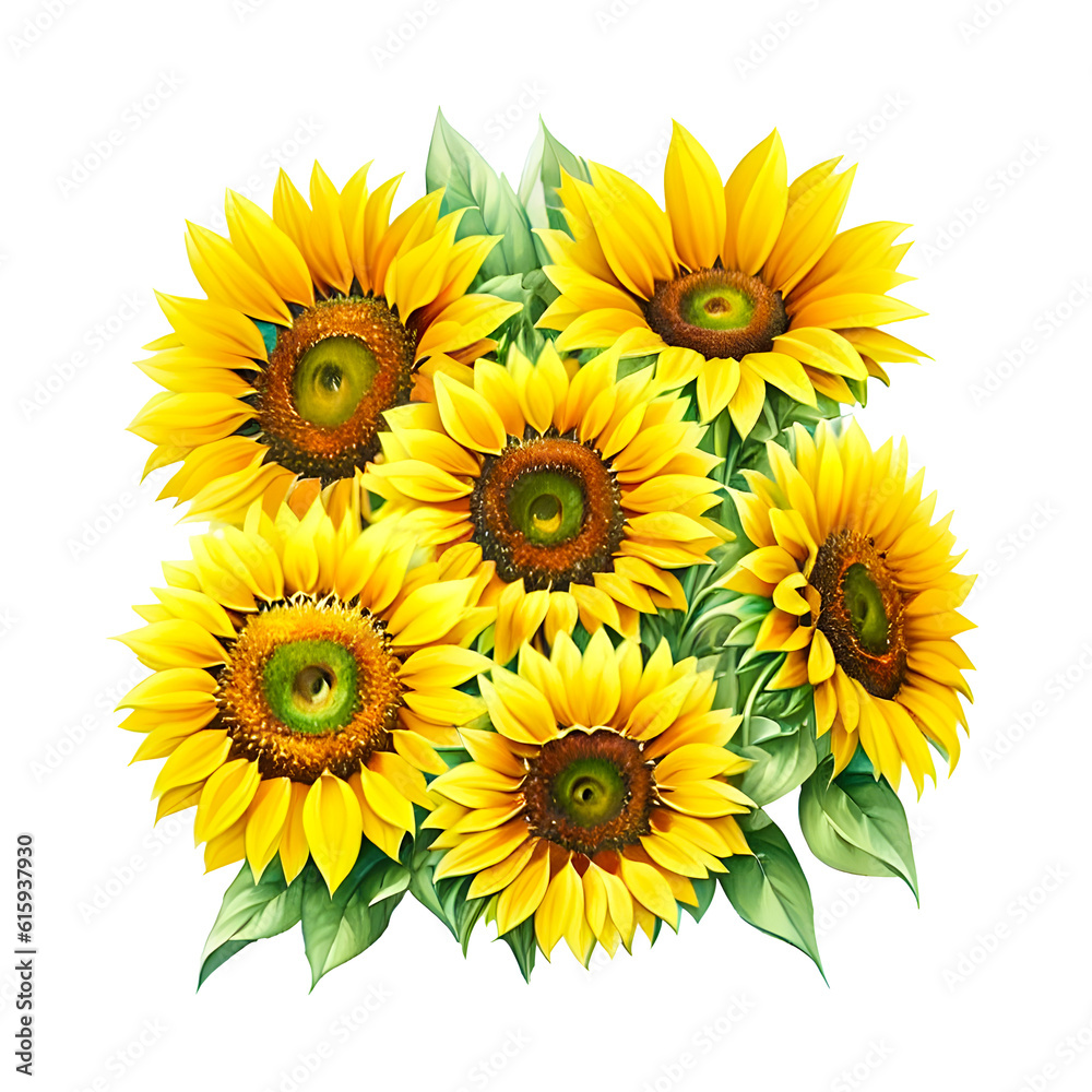 Obraz premium bouquet of yellow sunflowers, clipart isolated on transparent background, ready-made t-shirt design, generative ai