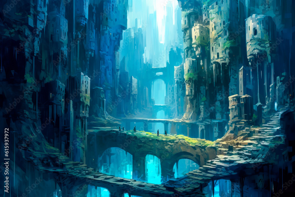 Fantasy stone ruins landscape, cliff buildings, water, wet, overgrown, old.