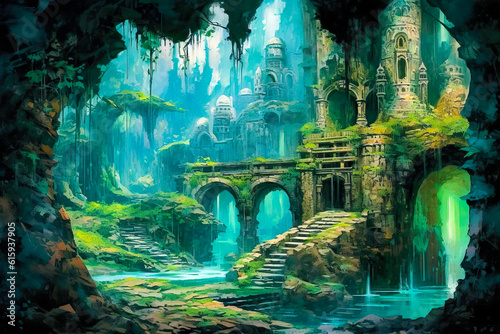 Fantasy stone ruins landscape, water, wet, overgrown, old. © Sunshower Shots