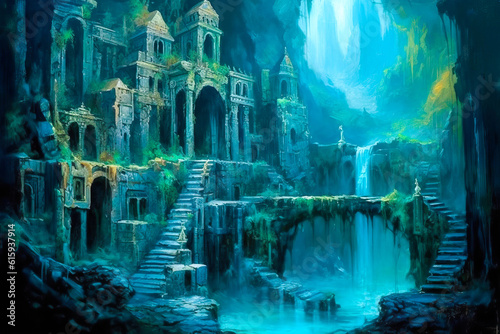 Fantasy stone ruins landscape  water  wet  overgrown  old.