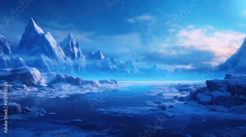Frozen Arctic setting with icy terrain  snow - covered mountains  and a chilling atmosphere