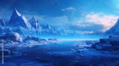 Frozen Arctic setting with icy terrain, snow - covered mountains, and a chilling atmosphere