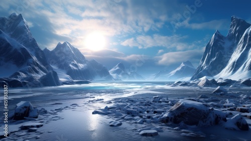 Frozen Arctic setting with icy terrain  snow - covered mountains  and a chilling atmosphere