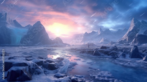 Frozen Arctic setting with icy terrain, snow - covered mountains, and a chilling atmosphere