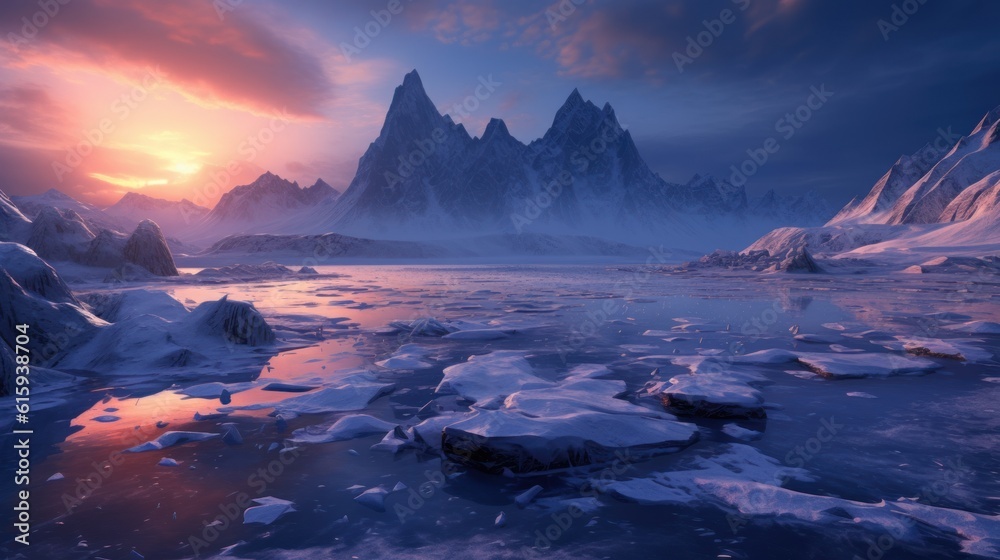 Naklejka premium Frozen Arctic setting with icy terrain, snow - covered mountains, and a chilling atmosphere