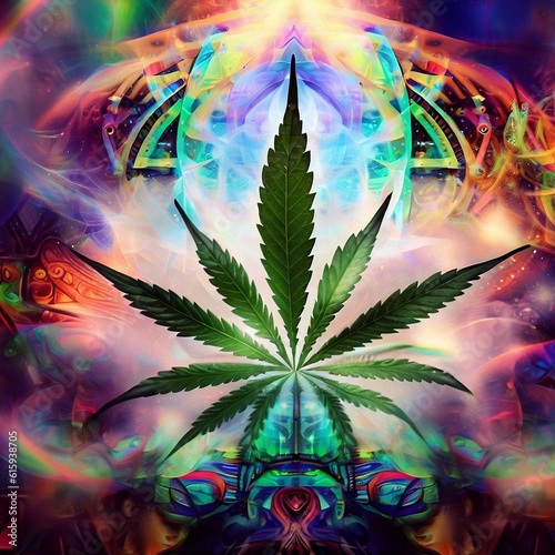 Cannabis state of mind. Colorful magical journey to another dimension. 