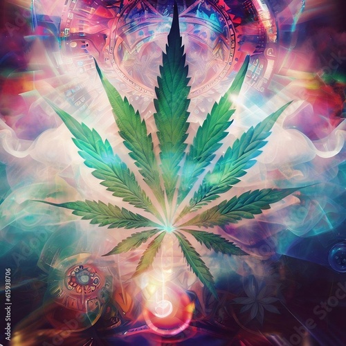 Cannabis state of mind. Colorful magical journey to another dimension. 