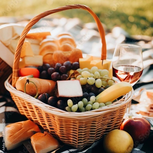 Picnic basket with cheese, bread, grapes, and vine