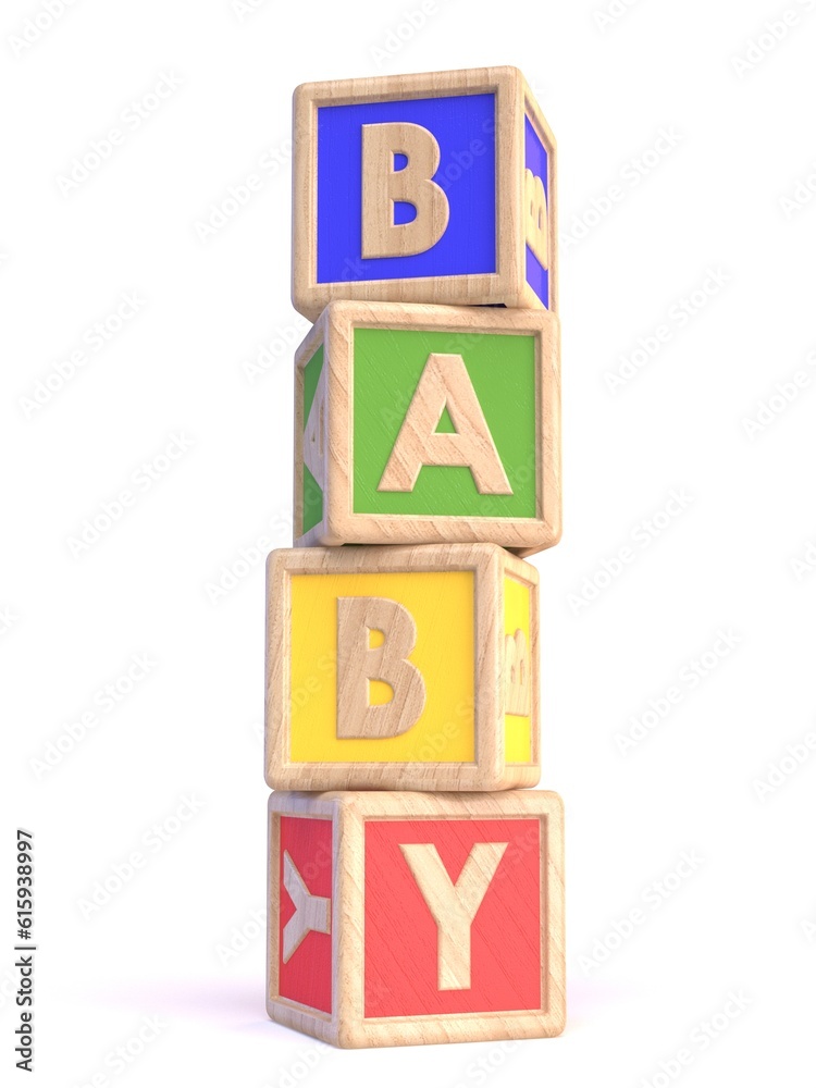 Word BABY made of wooden blocks toy vertical 3D render illustration isolated on white background Word BABY made of wooden blocks toy vertical 3D render illustration isolated on white background