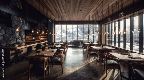Modern interior space of a vineyard nestled amidst the stunning winter landscapes of Northern Norway. Generative AI