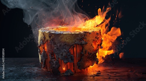 a slice of cake that has caught fire and smoke is flowing out of it photo