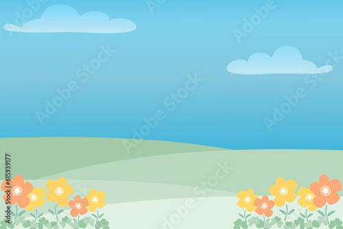 Spring Landscape vector cartoon  farm field green grass with flower background banner poster design illustration. Trendy for food festival market. Promo concept for farm bazaar. Copy space. 