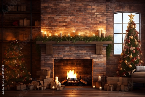 fireplace with christmas tree and christmas decorations