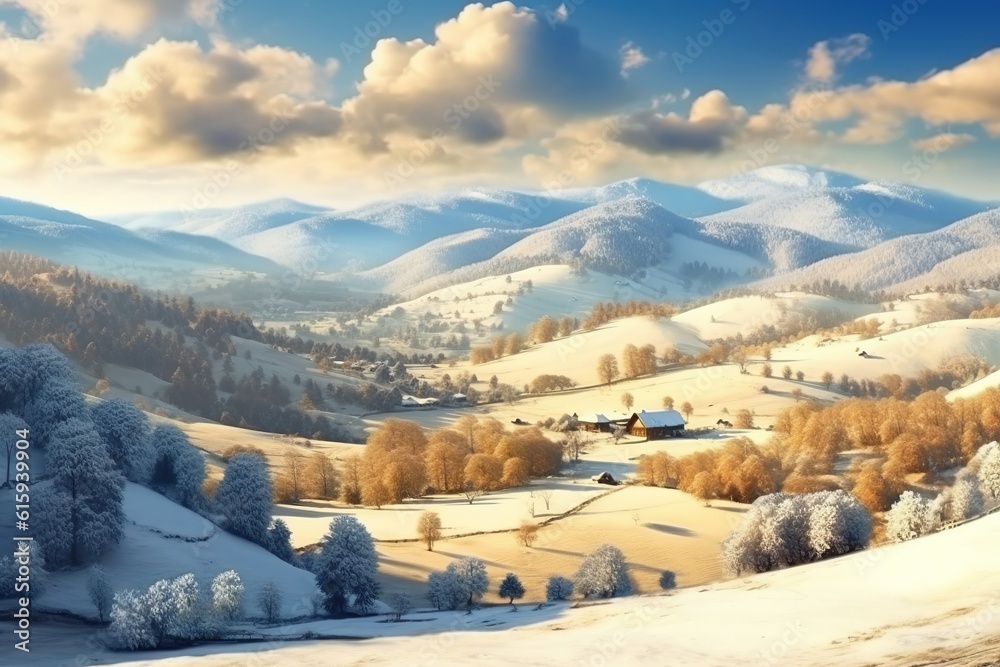 snow covered rolling hills of mountainous countrys