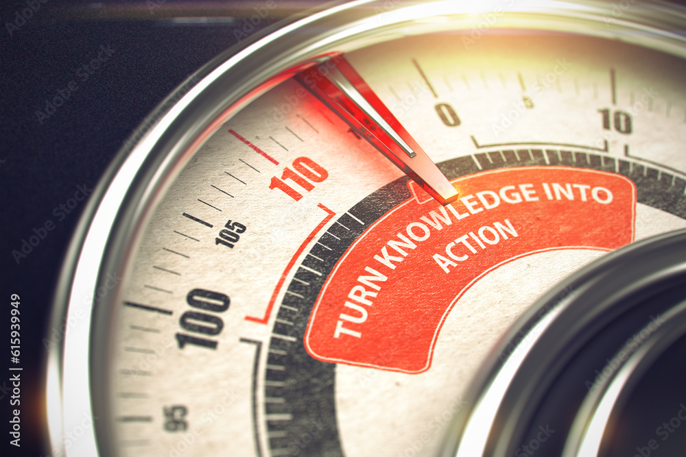 Metallic Manometer with Red Punchline Reach the Turn Knowledge Into Action. Illustration with Depth of Field Effect. 3D Render.