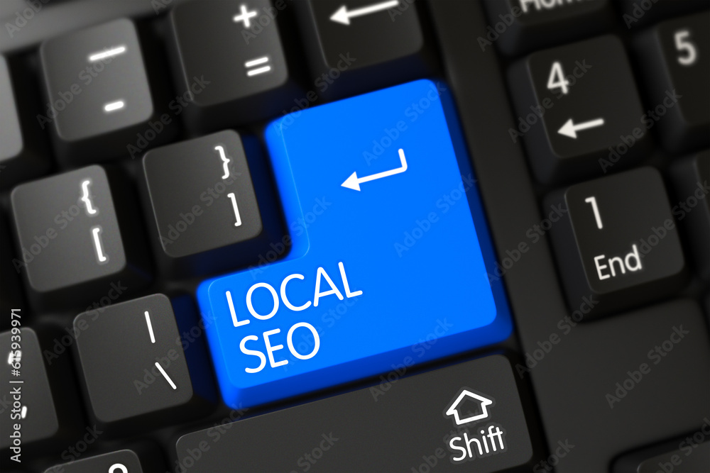 Black Keyboard with the words Local SEO on Blue Keypad. 3D Illustration. Black Keyboard with the words Local SEO on Blue Keypad. 3D Illustration.
